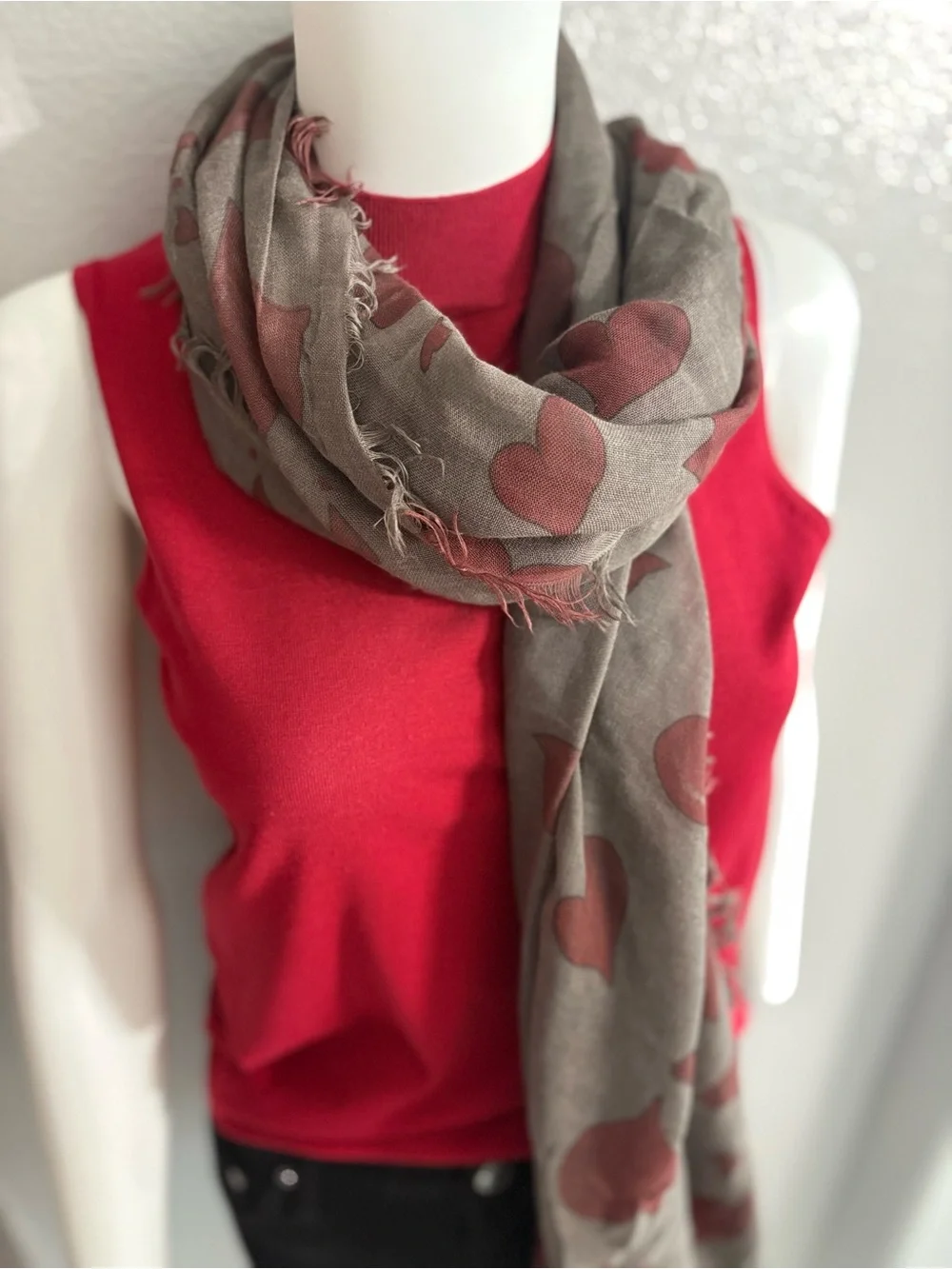 Taupe Scarf with Red Heart Motif - Women's Lightweight Wrap